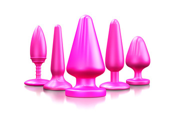 Different pink types of dildos, vibrators. Adult sex toys silhouettes. 3D illustration.