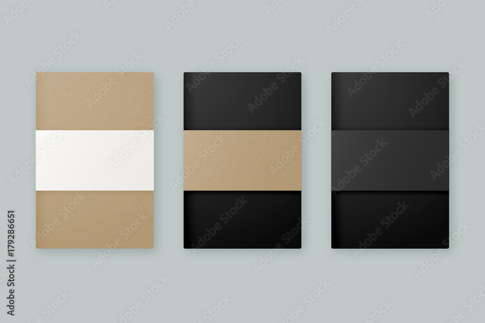 Poster notebook vector mockup set. brown kraft paper and black notebook magazine templates with paperback c