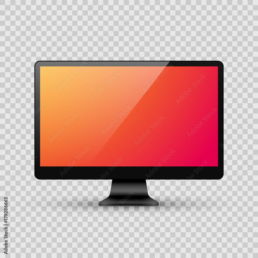 Poster realistic shiny vector black desktop personal computer pc monitor mock up template with blank screen