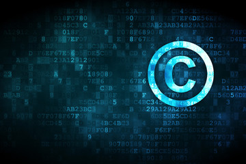 Law concept: pixelated Copyright icon on digital background, empty copyspace for card, text, advertising - 179286678