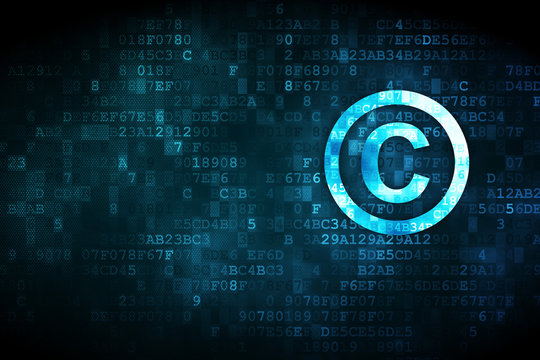 Law concept: pixelated Copyright icon on digital background, empty copyspace for card, text, advertising