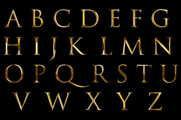 vintage font yellow gold metallic alphabet letters word text series symbol sign on black background, concept of golden luxury alphabet decoration