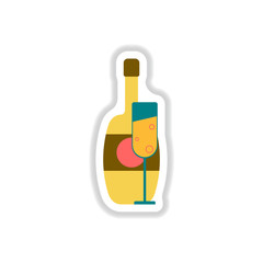 Vector illustration in paper sticker style Champagne bottle with glass