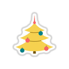 Vector illustration in paper sticker style christmas tree decorated with balls
