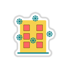 Vector illustration in paper sticker style building and snow