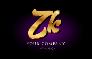Obraz premium zk z k 3d gold golden alphabet letter metal logo icon design handwritten typography