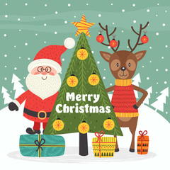 Fototapeta premium Merry Christmas card with Santa Claus and deer - vector illustration, eps 