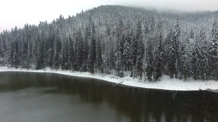 aerial view of a mountain lake in winter