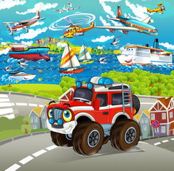 Fototapeta na wymiar cartoon funny looking off road car driving through the city and smiling - illustration for children