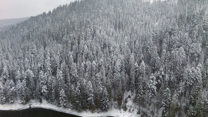 aerial view of a mountain lake in winter