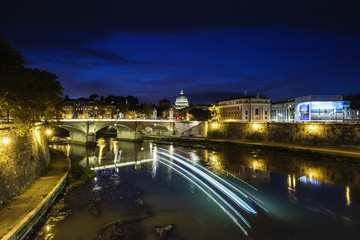 Fototapeta na wymiar River, Tevere, San Peters, Landscape, Sunset, Ora blu, Cupola, Rome, Lazio, Italy, Europe