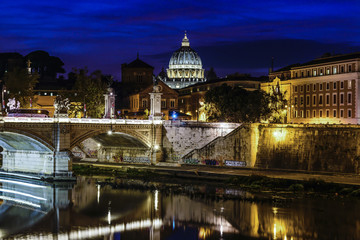 Fototapeta premium River, Tevere, San Peters, Landscape, Sunset, Ora blu, Cupola, Rome, Lazio, Italy, Europe