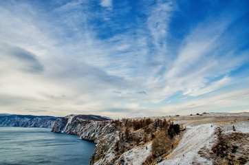 View above big beautiful lake and mountain in winter, Baikal lake, Russia