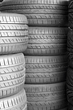 Car tires background in a row.
