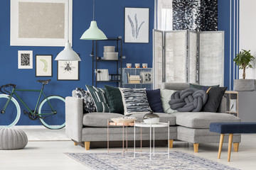 Grey corner couch in room