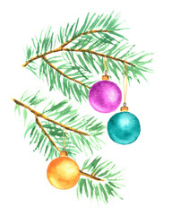 Watercolor Christmas and New Year decoration template. Christmas balls hanging on spruce