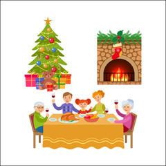 Obraz na płótnie Canvas vector flat christmas holiday scenes set. Fireplace with stocking, decorated spruce tree with balls, stars, present boxes, toys, family sitting at table celebrating. Isolated illustration.