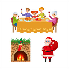 Christmas elements - family dinner, decorated chimney and Santa Clause with present bag, cartoon vector illustration isolated on white background. Family dinner, Santa Clause, chimney