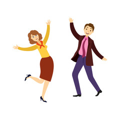 Fototapeta na wymiar Happy young man and woman, businessman and businesswoman dancing at corporate party in office, flat cartoon vector illustration isolated on white background. Cartoon people dancing at corporate party