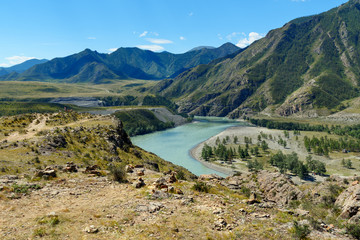 View on confluence of rivers Katun and Chuya in mountains. Altai Republic, Russia