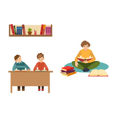 vector flat people reading books. Beautiful adult woman and man in casual clothing sitting at desk, girl sitting at floor sit cross-legged near bookshelf at home, library . Isolated illustration