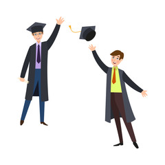 Two happy, smiling college students, boys in graduation gowns, throwing cap up and holding diploma, cartoon vector illustration isolated on white background. Couple of happy graduating students, boys