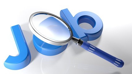 Magnifier on blue Job write - 3D rendering