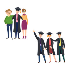 vector flat college, university graduates scenes set. Boy standing hugging parents, friends in graduation gown caps standing smiling holding diplomas. Isolated illustration on a white background