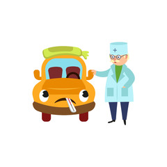 Funny old doctor and sad car character having flu, standing with cold pack and thermometer, cartoon vector illustration isolated on white background. Cartoon doctor and car character having flu, fever