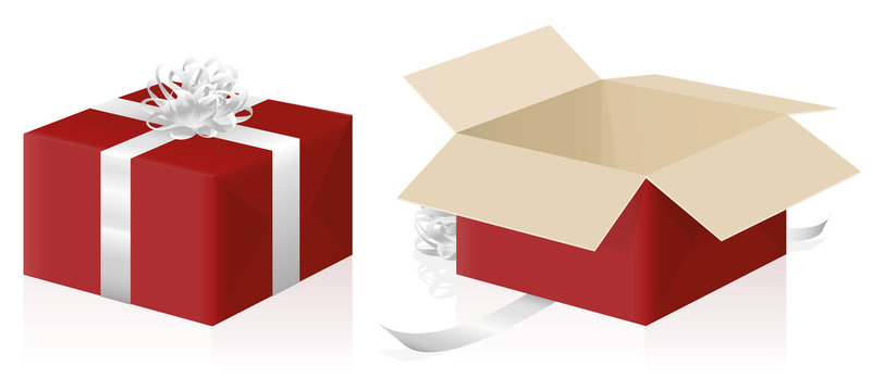 Gift package, wrapped and unwrapped red parcel, closed and opened present carton box - 3d isolated vector illustration on white background.
