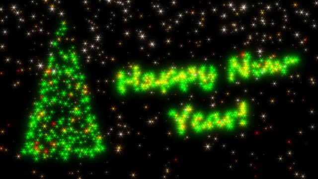 Abstract Christmas tree against a background of falling flickering particles (snow). Shimmering inscription Happy New Year.