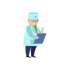 vector flat stylized adult male grey-haired doctor, head physician in medical clothing uniform holding clipboard with blank paper smiling. Isolated illustration on a white background.