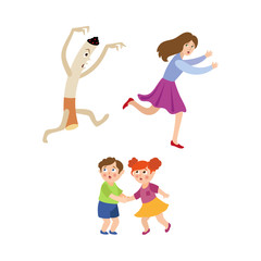 Huge evil cigarette chasing running after frightened woman and scared little children, cartoon vector illustration isolated on white background. Woman running from huge evil cigarette, frightened kids