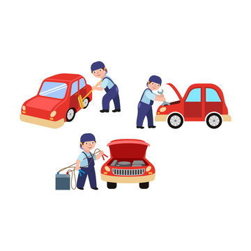 Auto mechanic cleaning, fixing and jump starting a car in repair and maintenance workshop, cartoon vector illustration isolated on white background. Auto mechanic repairing, washing, starting a car