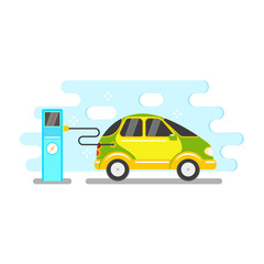 vector flat electric car charging at charging station. Alternative energy consuming yellow vehicle icon. Isolated illustration on a white blue abstract background.