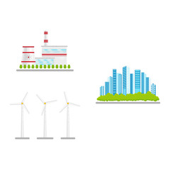 Obraz premium vector flat renewable, alternative energy icon set. Windmill or wind turbine, nuclear reactor power plants and modenr urban city with green park. Isolated illustration on a white abstract background.