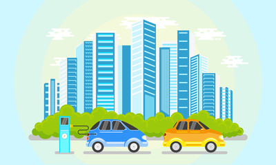 vector flat modern ecological city icon concept with blue high business skyscrapers on background of green park and electric cars charging. Isolated illustration on a white background