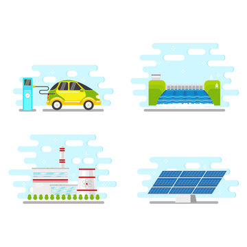 vector flat renewable, alternative energy icon set. Hydroelectric dam, solar panel and nuclear reactor power plants, electric car charging. Isolated illustration on a white blue abstract background.