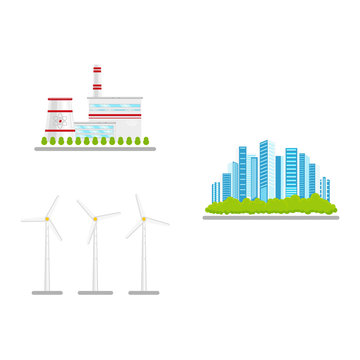 vector flat renewable, alternative energy icon set. Windmill or wind turbine, nuclear reactor power plants and modenr urban city with green park. Isolated illustration on a white abstract background.