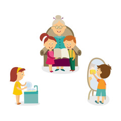 Kids washing dishes, cleaning the house and listening to grandmother reading a story, cartoon vector illustration isolated on white background. Kids help with washing and cleaning, listen to grandma