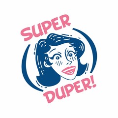 super duper logo with the face of a very happy girl