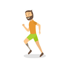 Fototapeta na wymiar vector flat bearded disabled man athlete running with handicap - foot prosthesis . isolated illustration on a white background. Rehabilitation concept