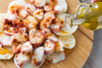 Pulpo a la gallega. Galician octopus on wood. Typical spanish food
