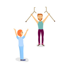 Medical rehabilitation, doctor helping a male patient to recover after trauma and say farewell to crutches, cartoon vector illustration on white background. Rehabilitation, recovery from trauma