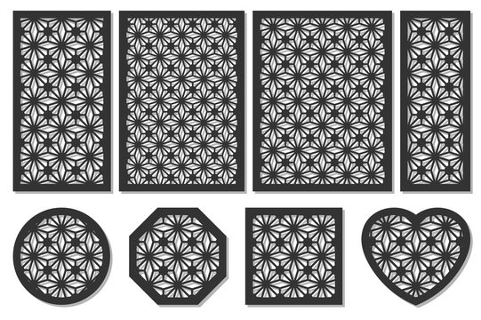 Set cards cut. Vector panels laser cutting. Ratio 1:2, 2:3, 3:4, 1:3, round, octagon, square, heart. Cut silhouette geometric pattern. Used openwork partitions, panel, printing, laser cutting, stencil