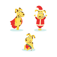 Obraz na płótnie Canvas vector flat humanized dog characters set. Male cute animals in christmas santa claus costume with hat, superman cape, standing and sitting in pants. isolated illustration on a white background