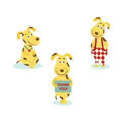 vector flat humanized dog characters set. Male cute animals holding thank you poster, standing in rhombous pants, sitting with dog tag. isolated illustration on a white background