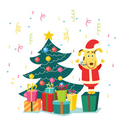 Obraz na płótnie Canvas vector flat dog character near christmas tree. Male cute animals in holiday santa claus costume with hat standing near decorated spruce tree with present. Isolated illustration on a white background