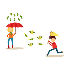 vector flat people catching money scenes set. Man running for flying dollar notes with wings with butterfly net, woman in casual clothing standing under money rain with umbrella. Isolated illustration
