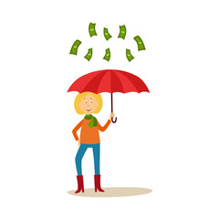 vector flat cartoon girl standing under money rain. Female character in autumn clothing, woman catching dollar notes falling from air. Isolated illustration on a white background.
